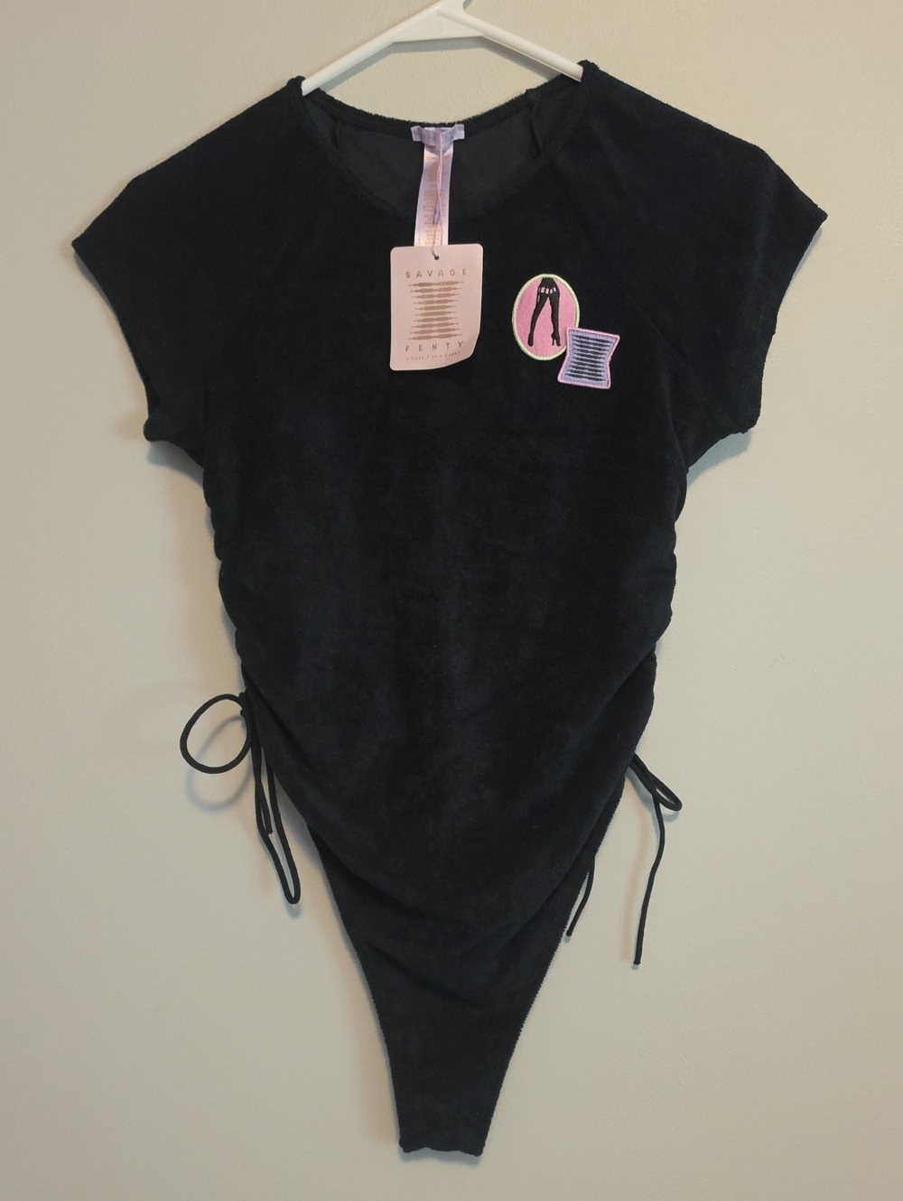 Savage X Fenty Black Terry Short Sleeve Bodysuit with Patch Detail